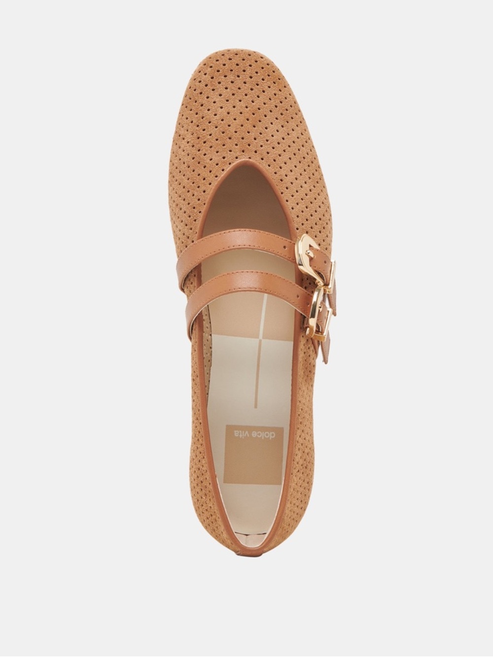 Dolce Vita-Tan Perforated Mary Jane Flats with Gold Buckles - Picture 3 of 6